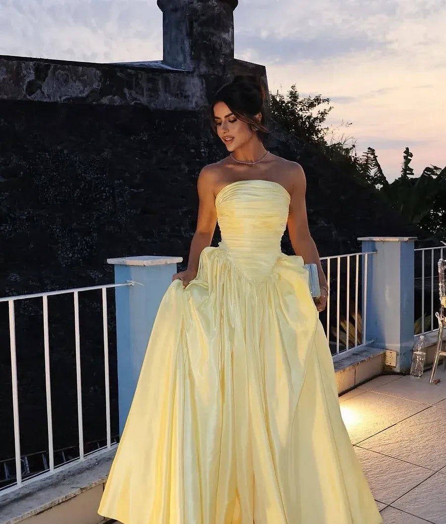 Yellow Strapless Ruched Pale Floor Length Prom Dress