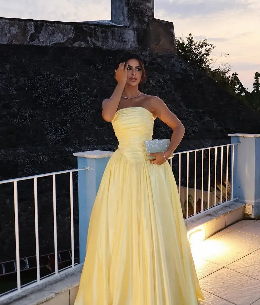 Yellow Strapless Ruched Pale Floor Length Prom Dress