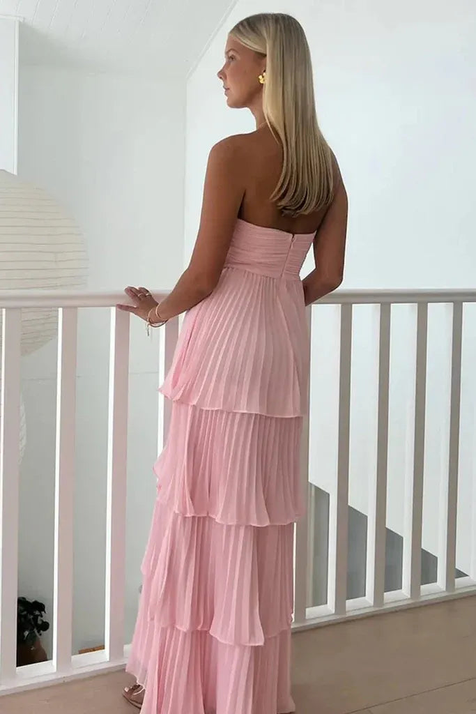 Refined Beautiful Timeless Chic Elegant Red Chiffon A-Line Strapless Pleated Prom Dress