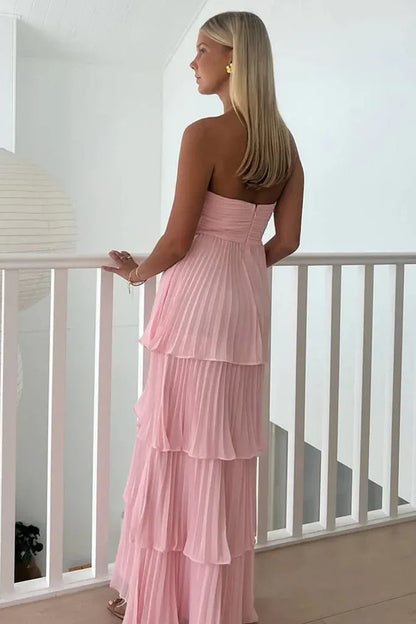 Refined Beautiful Timeless Chic Elegant Red Chiffon A-Line Strapless Pleated Prom Dress