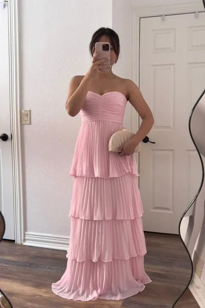 Refined Beautiful Timeless Chic Elegant Red Chiffon A-Line Strapless Pleated Prom Dress