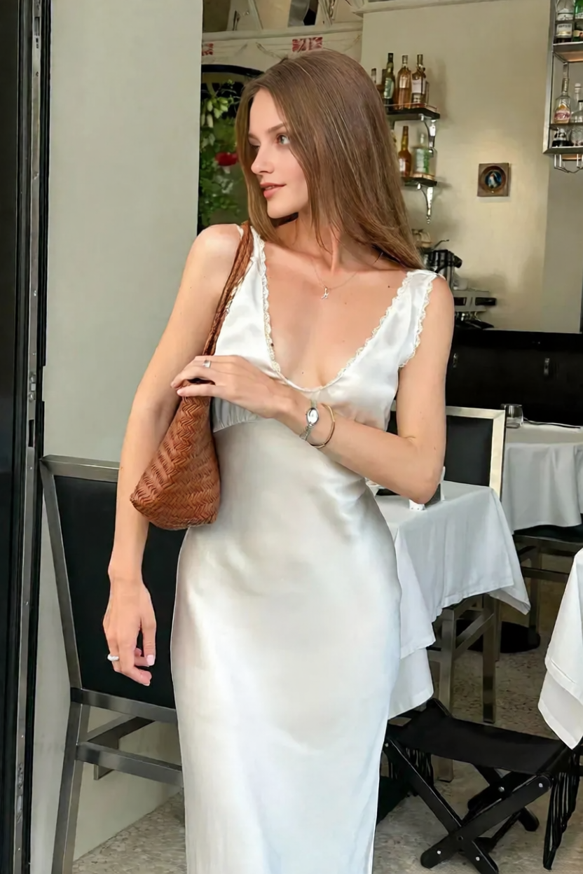 V-Neck Sleeveless Tie-Back V back Tea-Length Prom Dresses