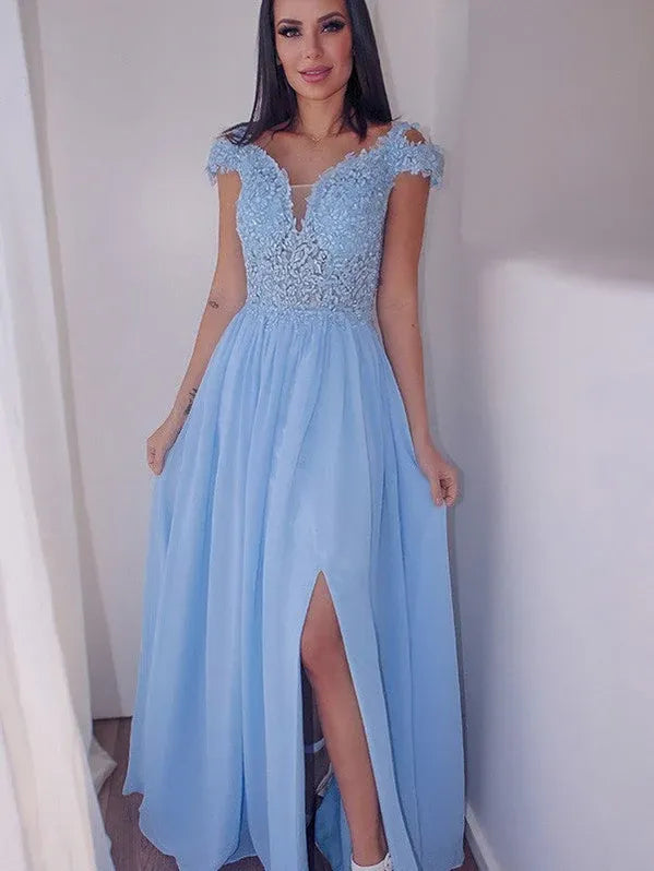 Sky Blue V-neck Applique Sky Maxi Prom Dress With Slit
