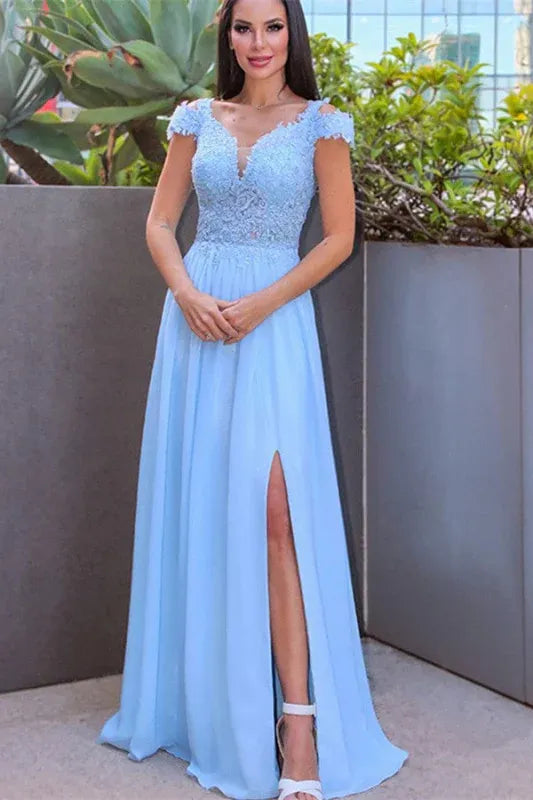 Sky Blue V-neck Applique Sky Maxi Prom Dress With Slit
