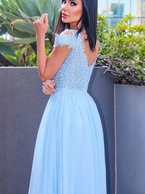 Sky Blue V-neck Applique Sky Maxi Prom Dress With Slit
