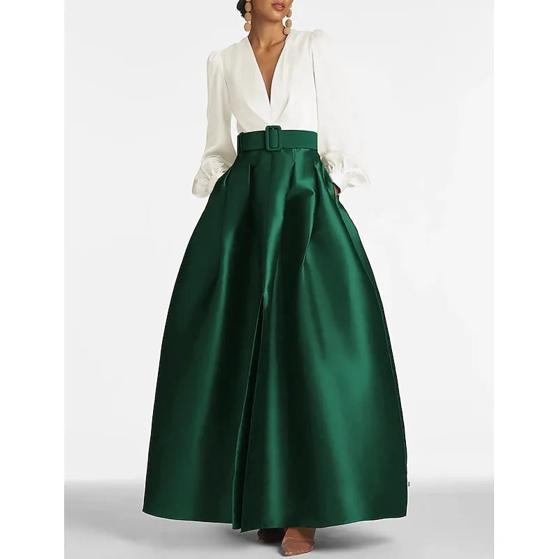 White V-neck Long-sleeved Two-tone Emerald Green Maxi Evening Dress