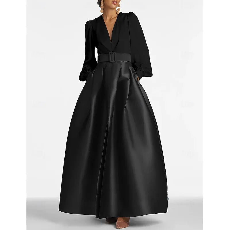 White V-neck Long-sleeved Two-tone Emerald Green Maxi Evening Dress