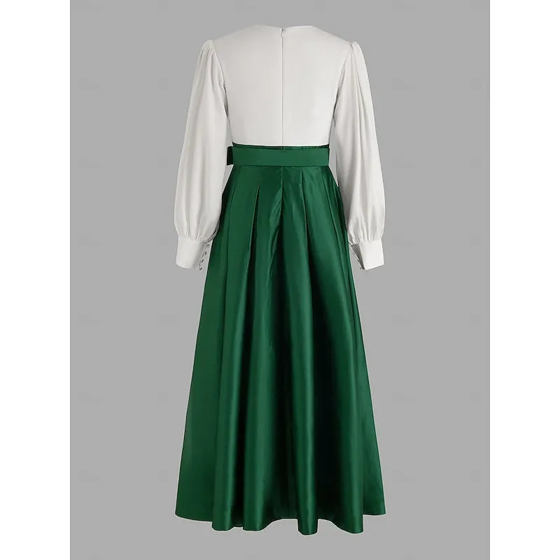 White V-neck Long-sleeved Two-tone Emerald Green Maxi Evening Dress