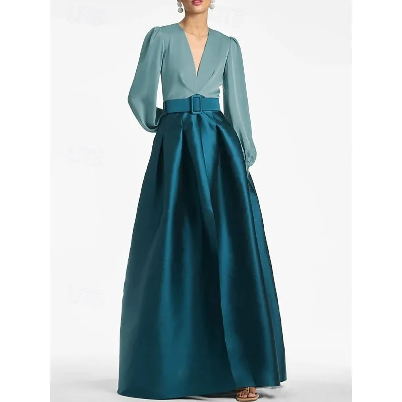 White V-neck Long-sleeved Two-tone Emerald Green Maxi Evening Dress