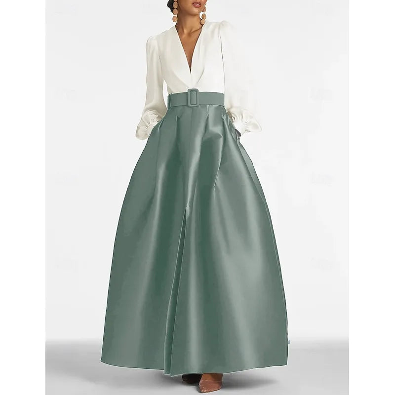 White V-neck Long-sleeved Two-tone Emerald Green Maxi Evening Dress
