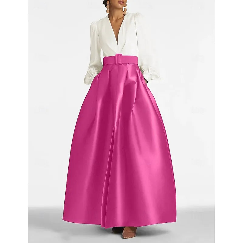 White V-neck Long-sleeved Two-tone Emerald Green Maxi Evening Dress