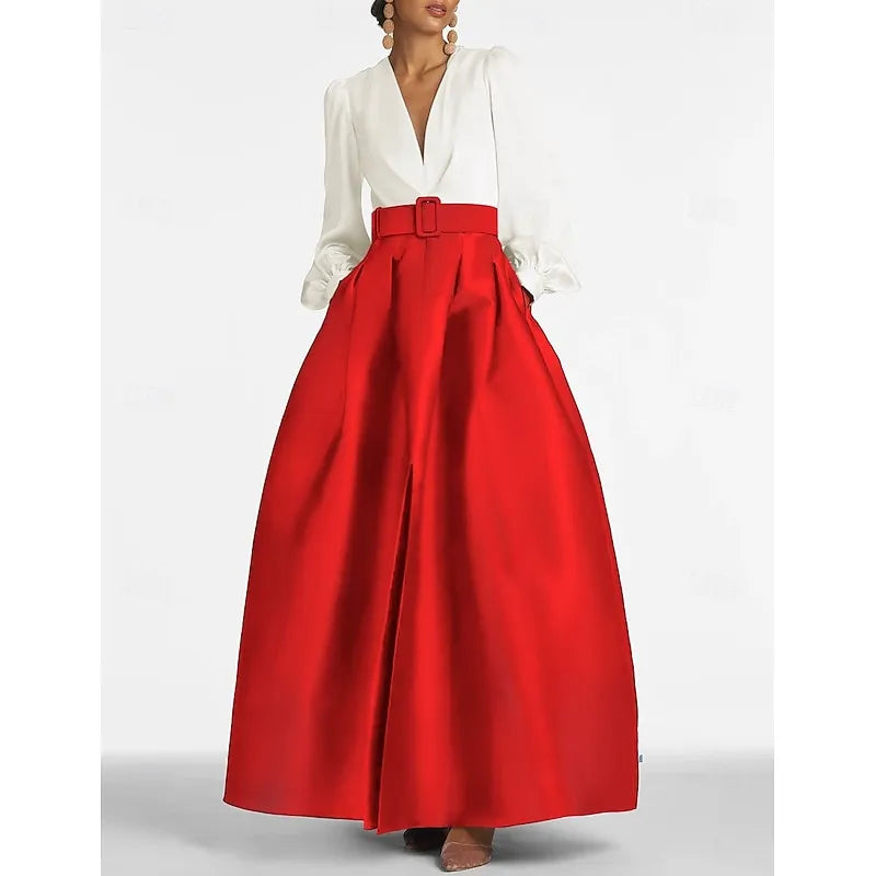 White V-neck Long-sleeved Two-tone Emerald Green Maxi Evening Dress