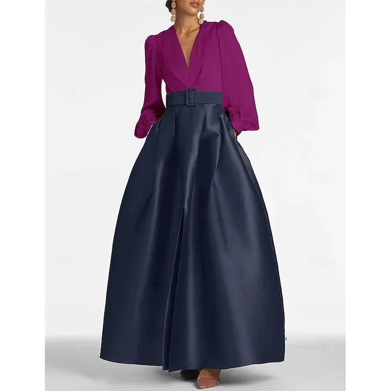 White V-neck Long-sleeved Two-tone Emerald Green Maxi Evening Dress