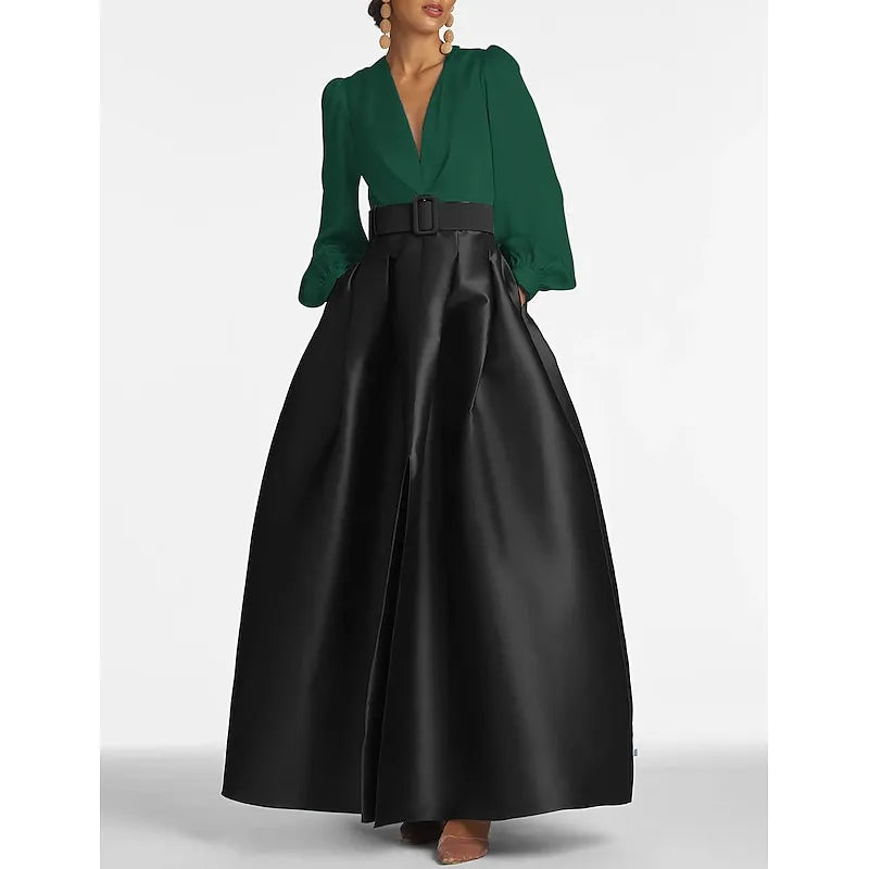 White V-neck Long-sleeved Two-tone Emerald Green Maxi Evening Dress
