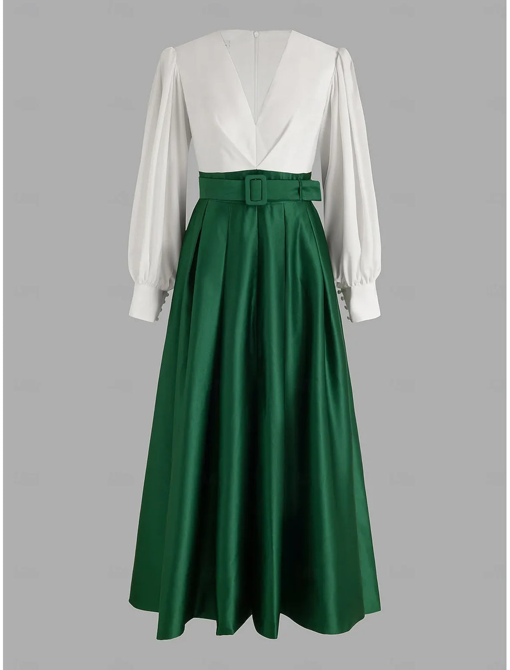 White V-neck Long-sleeved Two-tone Emerald Green Maxi Evening Dress