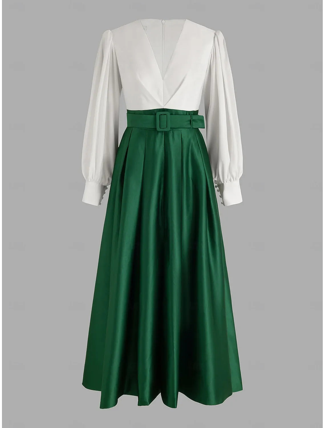 White V-neck Long-sleeved Two-tone Emerald Green Maxi Evening Dress