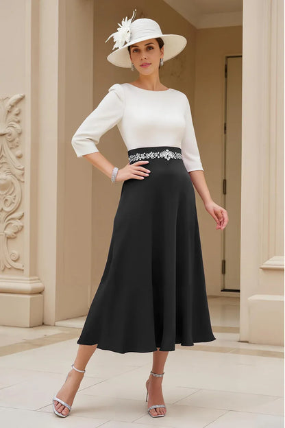 Graceful Stylish Elegant Purple Long Sleeve Tea-Length Mother of the Bride Dress