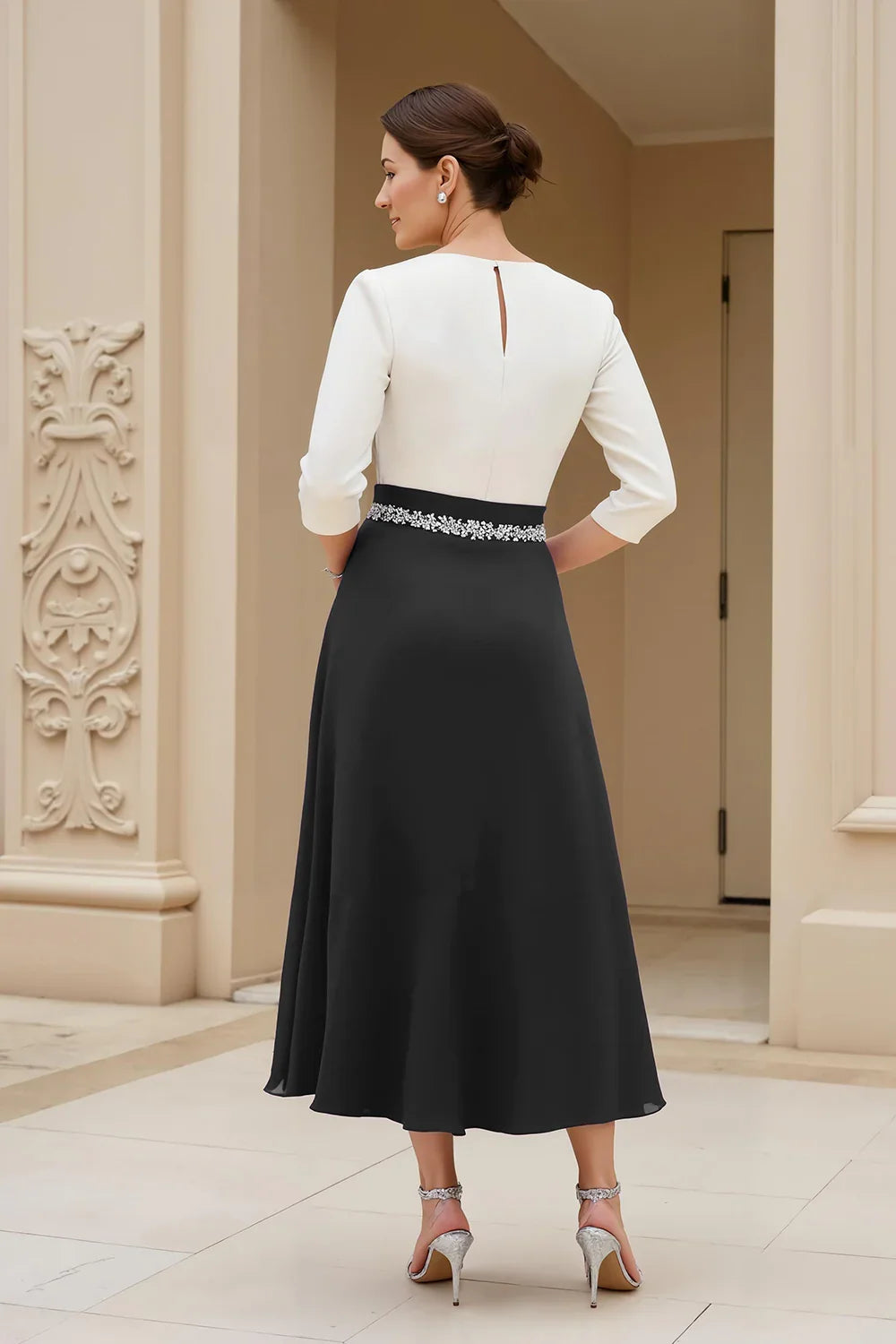 Graceful Stylish Elegant Purple Long Sleeve Tea-Length Mother of the Bride Dress