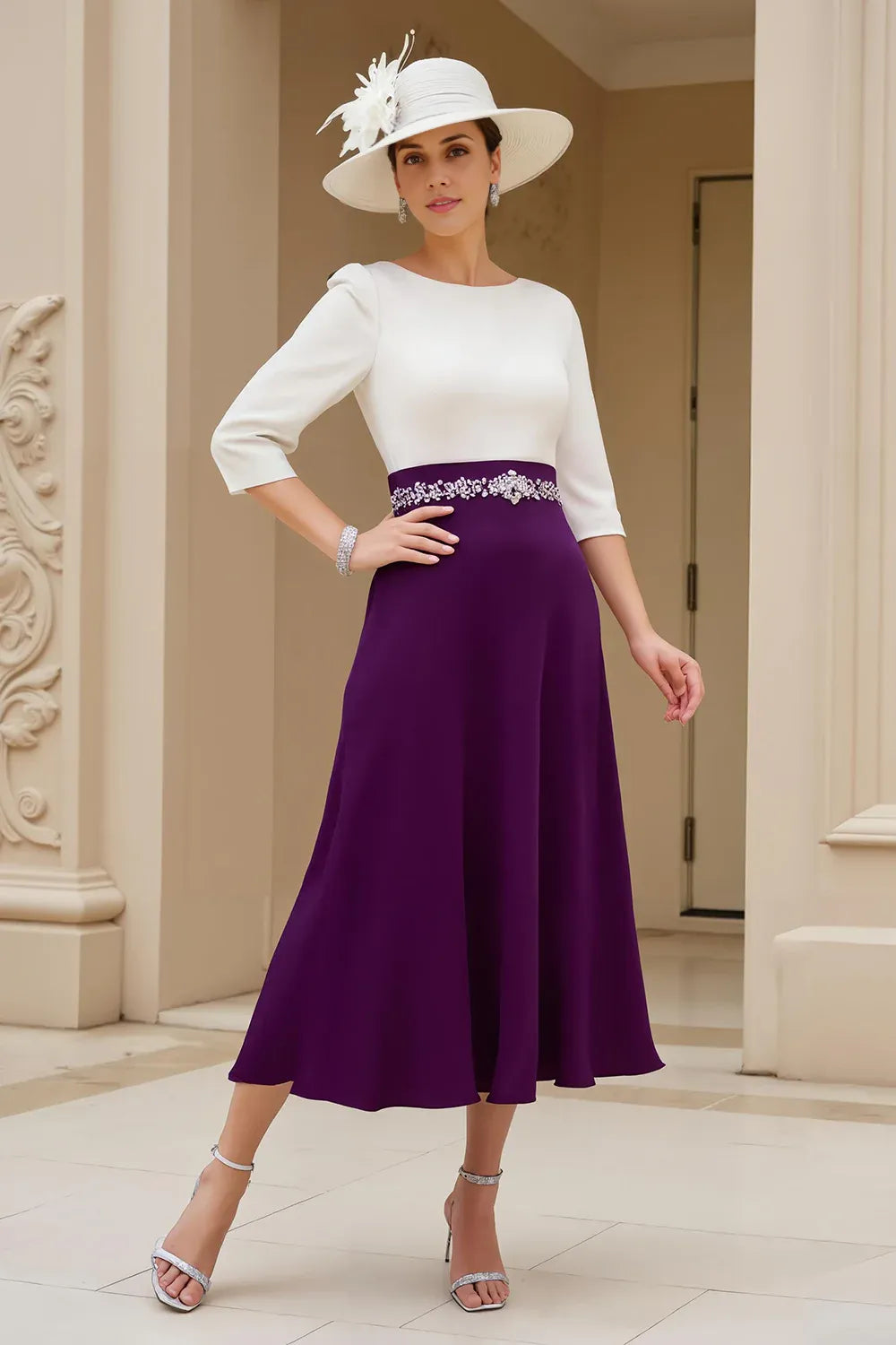 Graceful Stylish Elegant Purple Long Sleeve Tea-Length Mother of the Bride Dress