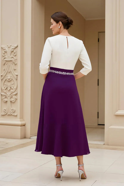 Graceful Stylish Elegant Purple Long Sleeve Tea-Length Mother of the Bride Dress