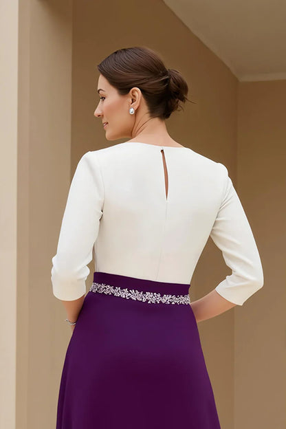 Graceful Stylish Elegant Purple Long Sleeve Tea-Length Mother of the Bride Dress
