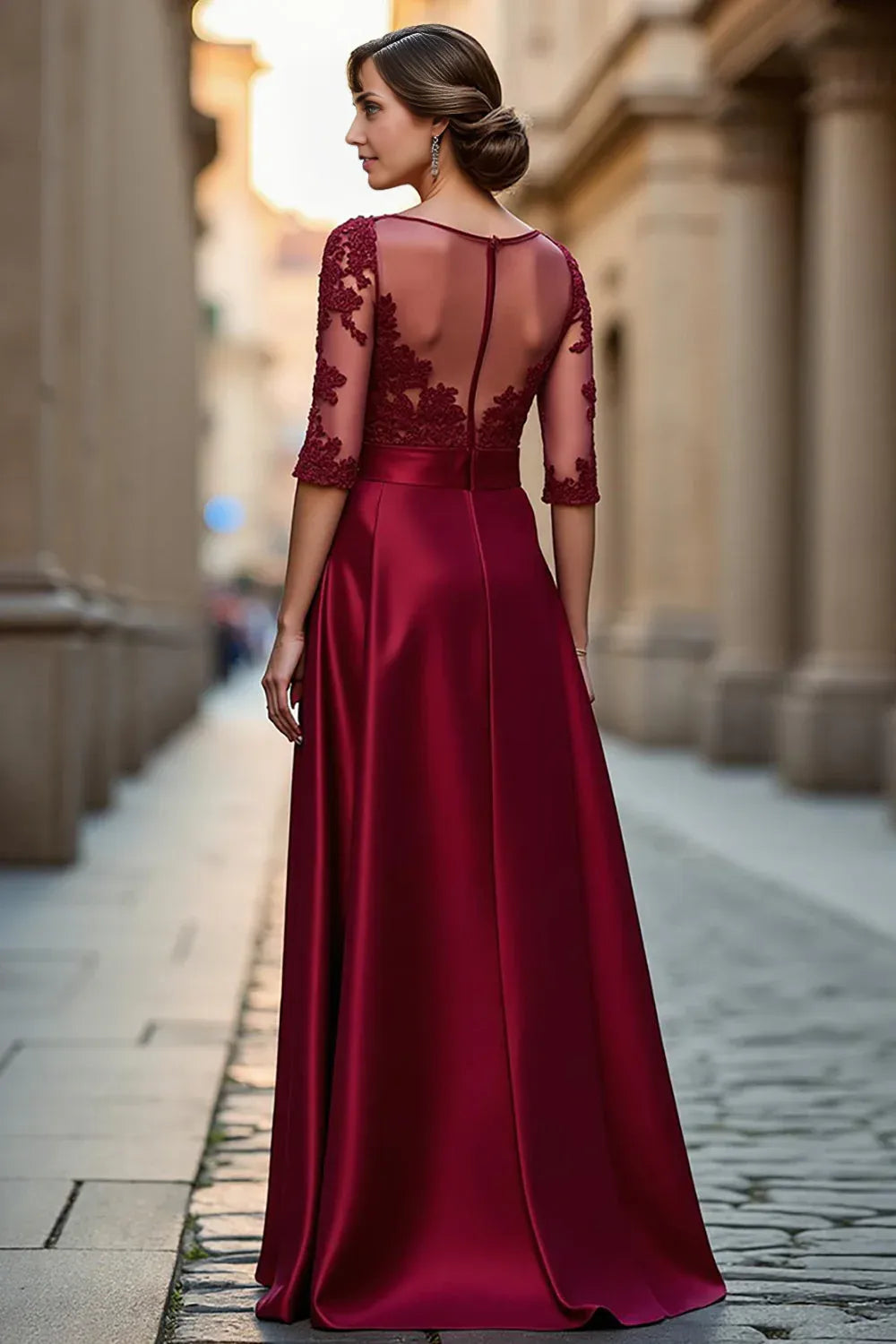 Sophisticated Elegant Burgundy Satin Long Sleeve Floor-Length Mother of the Bride Dress