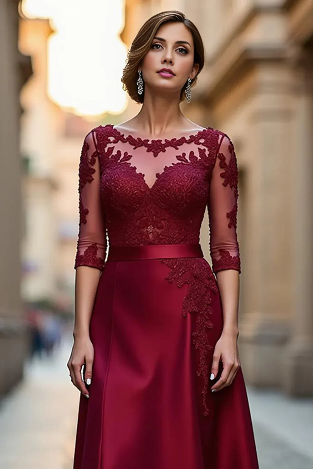 Sophisticated Elegant Burgundy Satin Long Sleeve Floor-Length Mother of the Bride Dress