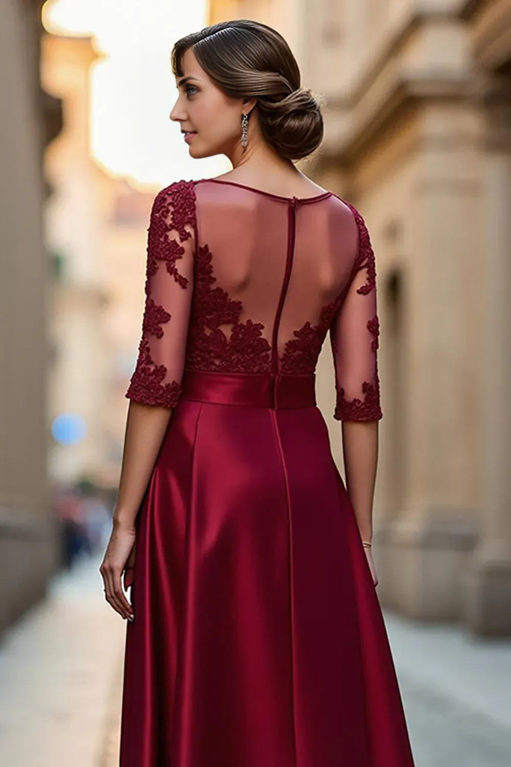 Sophisticated Elegant Burgundy Satin Long Sleeve Floor-Length Mother of the Bride Dress