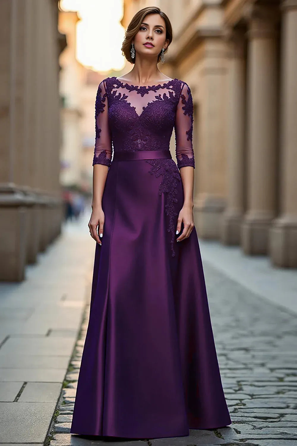 Sophisticated Elegant Burgundy Satin Long Sleeve Floor-Length Mother of the Bride Dress