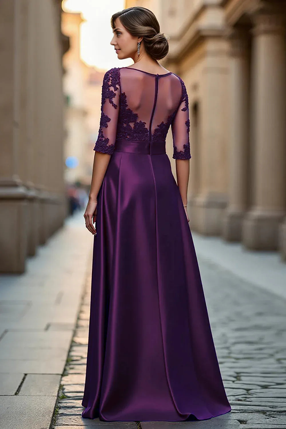 Sophisticated Elegant Burgundy Satin Long Sleeve Floor-Length Mother of the Bride Dress