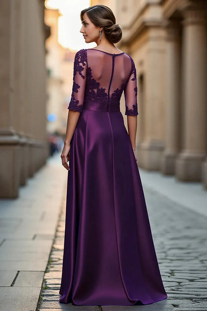 Sophisticated Elegant Burgundy Satin Long Sleeve Floor-Length Mother of the Bride Dress