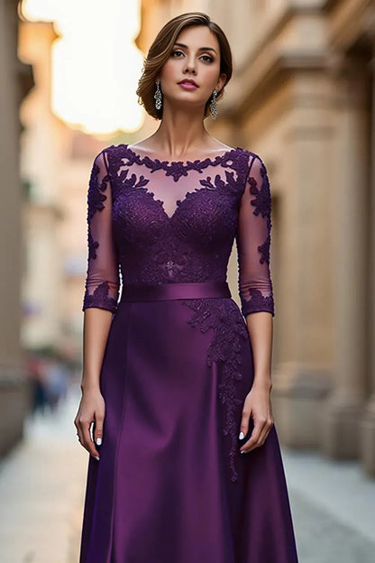 Sophisticated Elegant Burgundy Satin Long Sleeve Floor-Length Mother of the Bride Dress