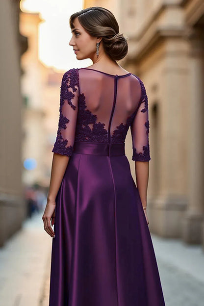 Sophisticated Elegant Burgundy Satin Long Sleeve Floor-Length Mother of the Bride Dress