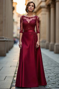 Sophisticated Elegant Burgundy Satin Long Sleeve Floor-Length Mother of the Bride Dress