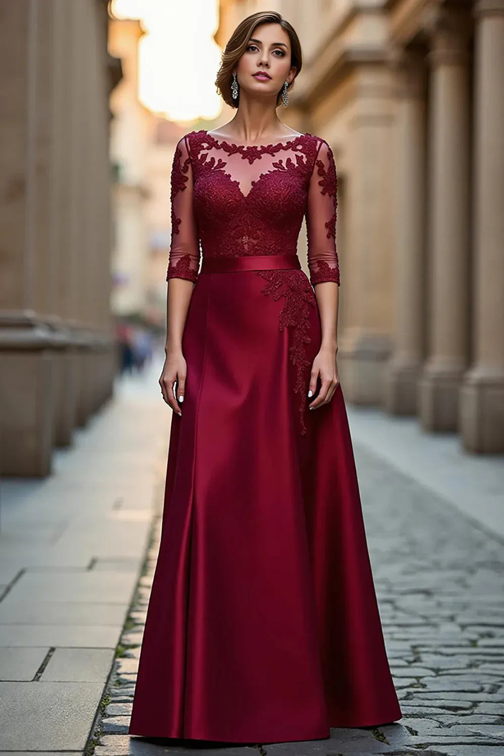 Sophisticated Elegant Burgundy Satin Long Sleeve Floor-Length Mother of the Bride Dress