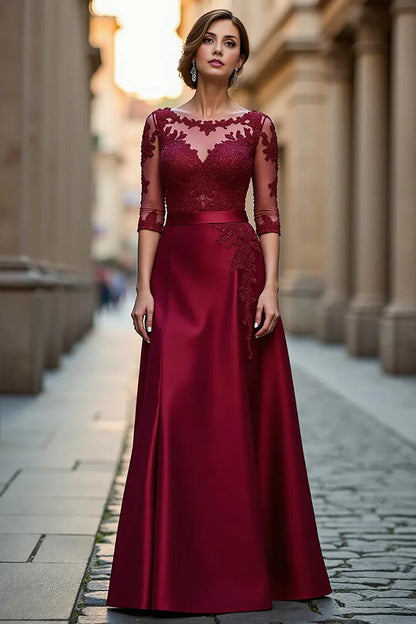 Sophisticated Elegant Burgundy Satin Long Sleeve Floor-Length Mother of the Bride Dress
