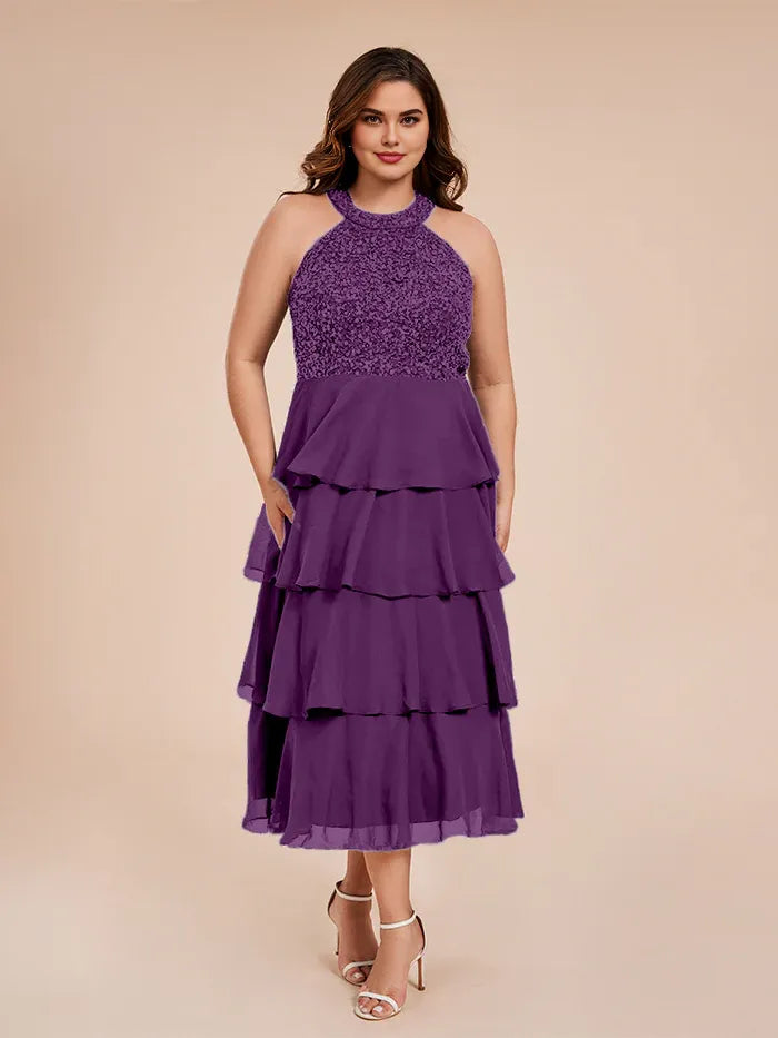 Graceful Stylish Elegant Purple Chiffon Halter Sleeveless Mother of the Bride Dress