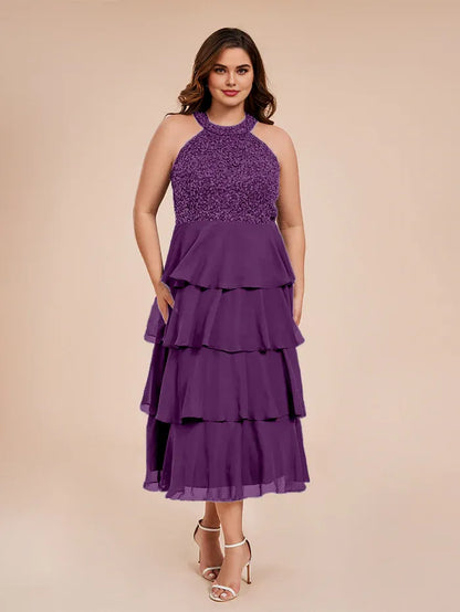Graceful Stylish Elegant Purple Chiffon Halter Sleeveless Mother of the Bride Dress