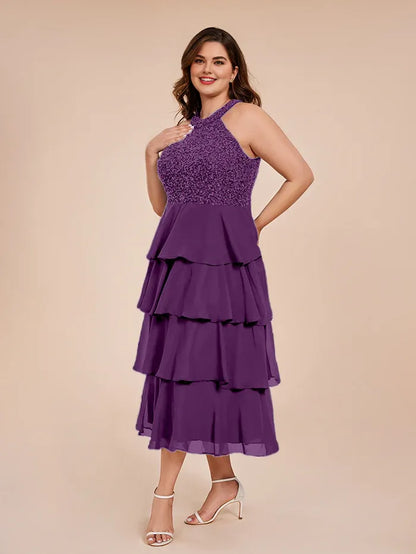 Graceful Stylish Elegant Purple Chiffon Halter Sleeveless Mother of the Bride Dress