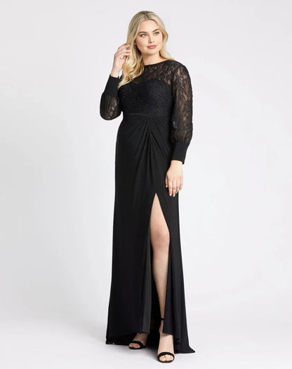 Elegant Black Lace High Neck Long Sleeve Long Mother of the Bride Dress