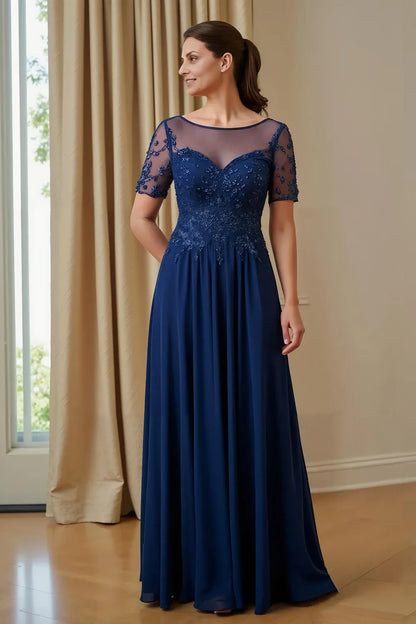 Elegant Navy Blue Chiffon Illusion Short Sleeve Floor-Length Mother of the Bride Dress