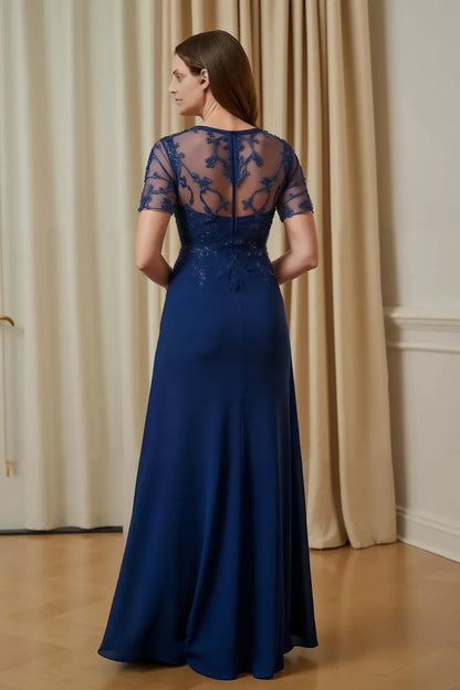 Elegant Navy Blue Chiffon Illusion Short Sleeve Floor-Length Mother of the Bride Dress