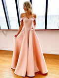 A Line Off Shoulder Beaded Blush Maxi Prom Dress With Pocket