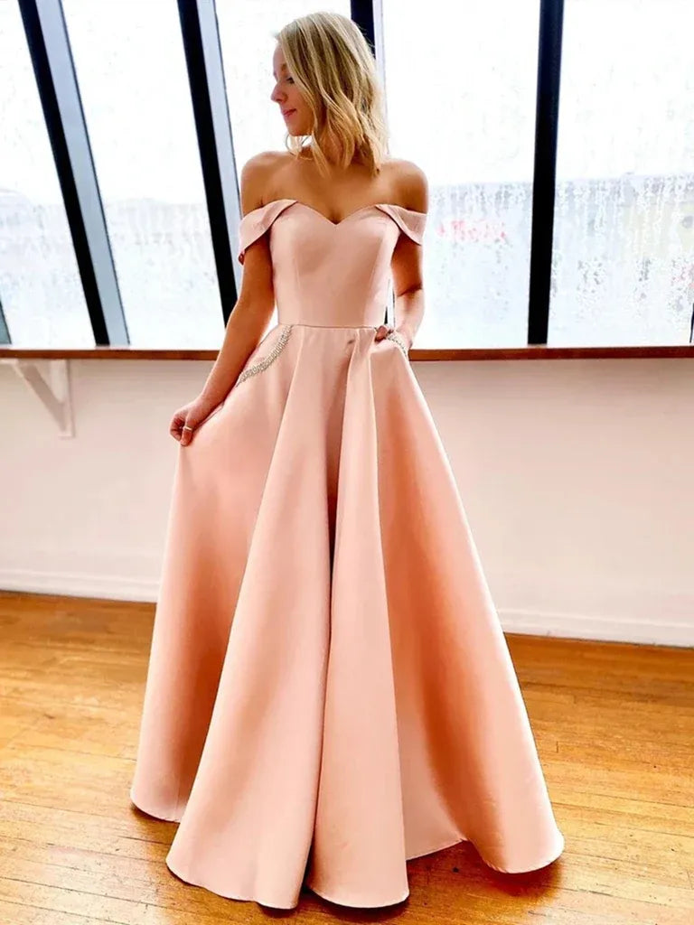 A Line Off Shoulder Beaded Blush Maxi Prom Dress With Pocket