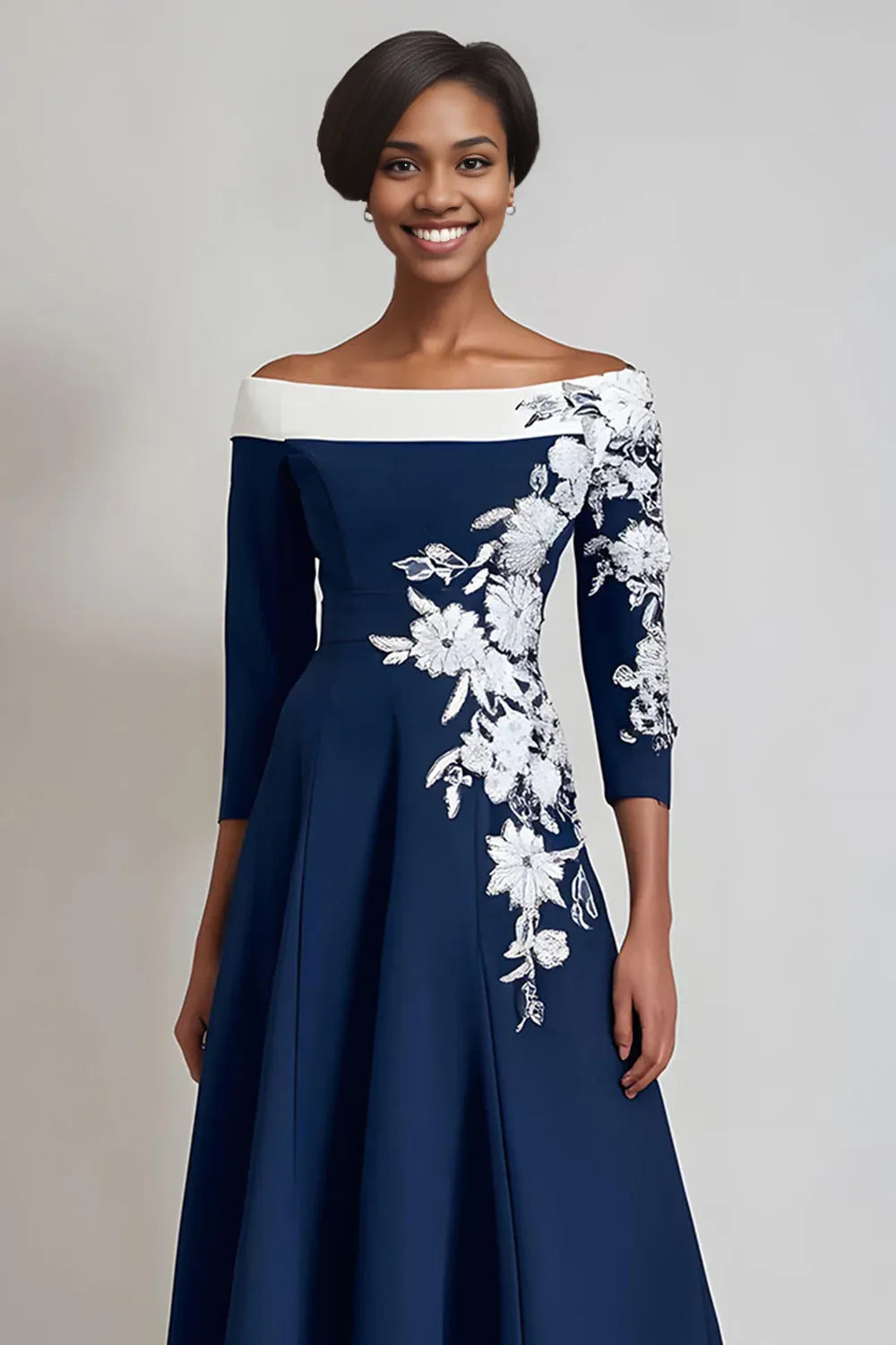 Elegant Navy Blue Lace Long Sleeve Tea-Length Mother of the Bride Dress