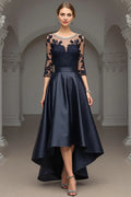 Elegant Navy Blue Satin Scoop Neck Long Sleeve Floor-Length Mother of the Bride Dress