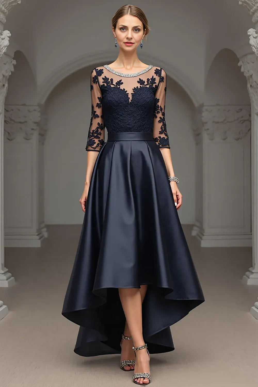 Elegant Navy Blue Satin Scoop Neck Long Sleeve Floor-Length Mother of the Bride Dress