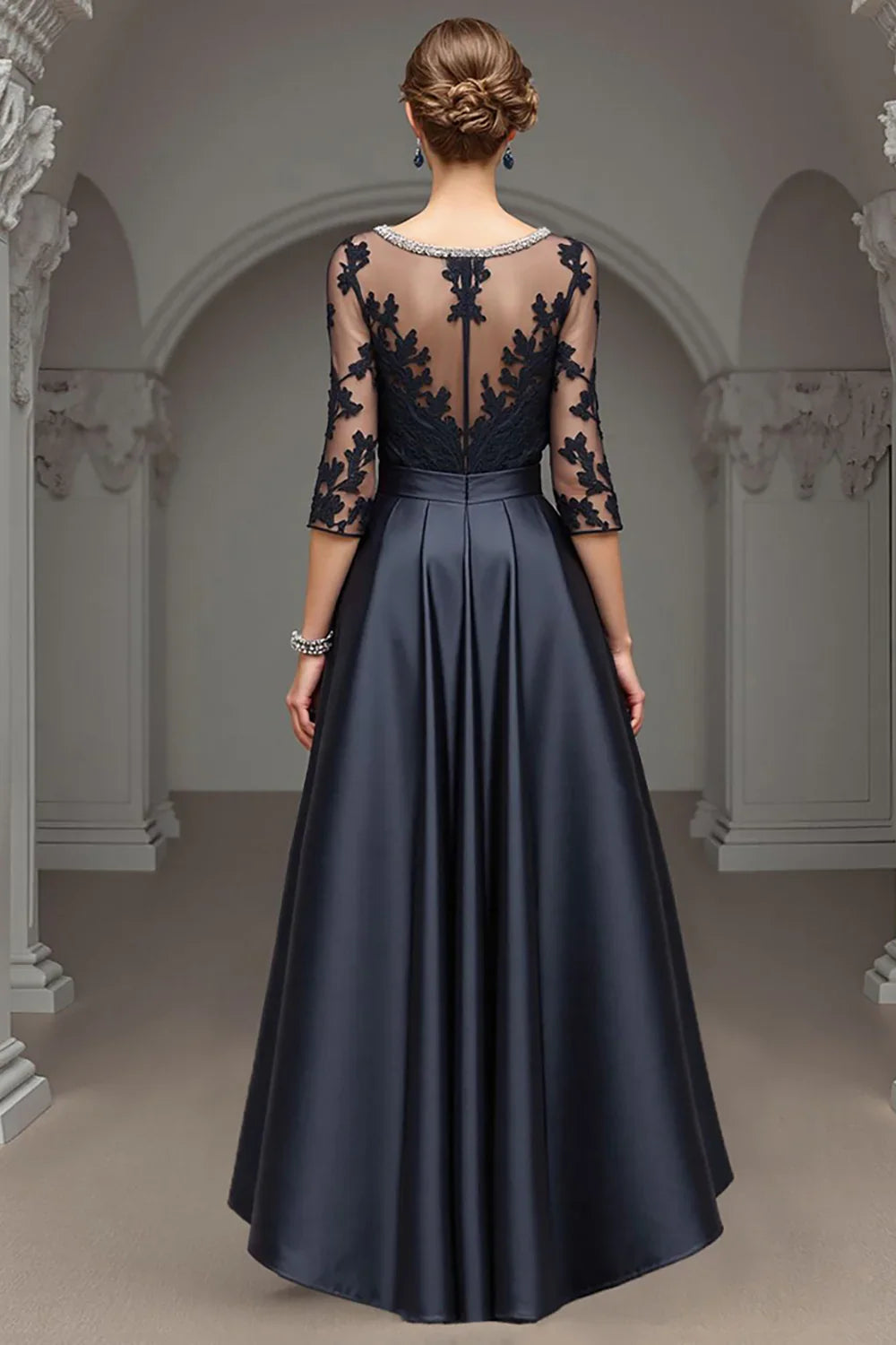 Elegant Navy Blue Satin Scoop Neck Long Sleeve Floor-Length Mother of the Bride Dress