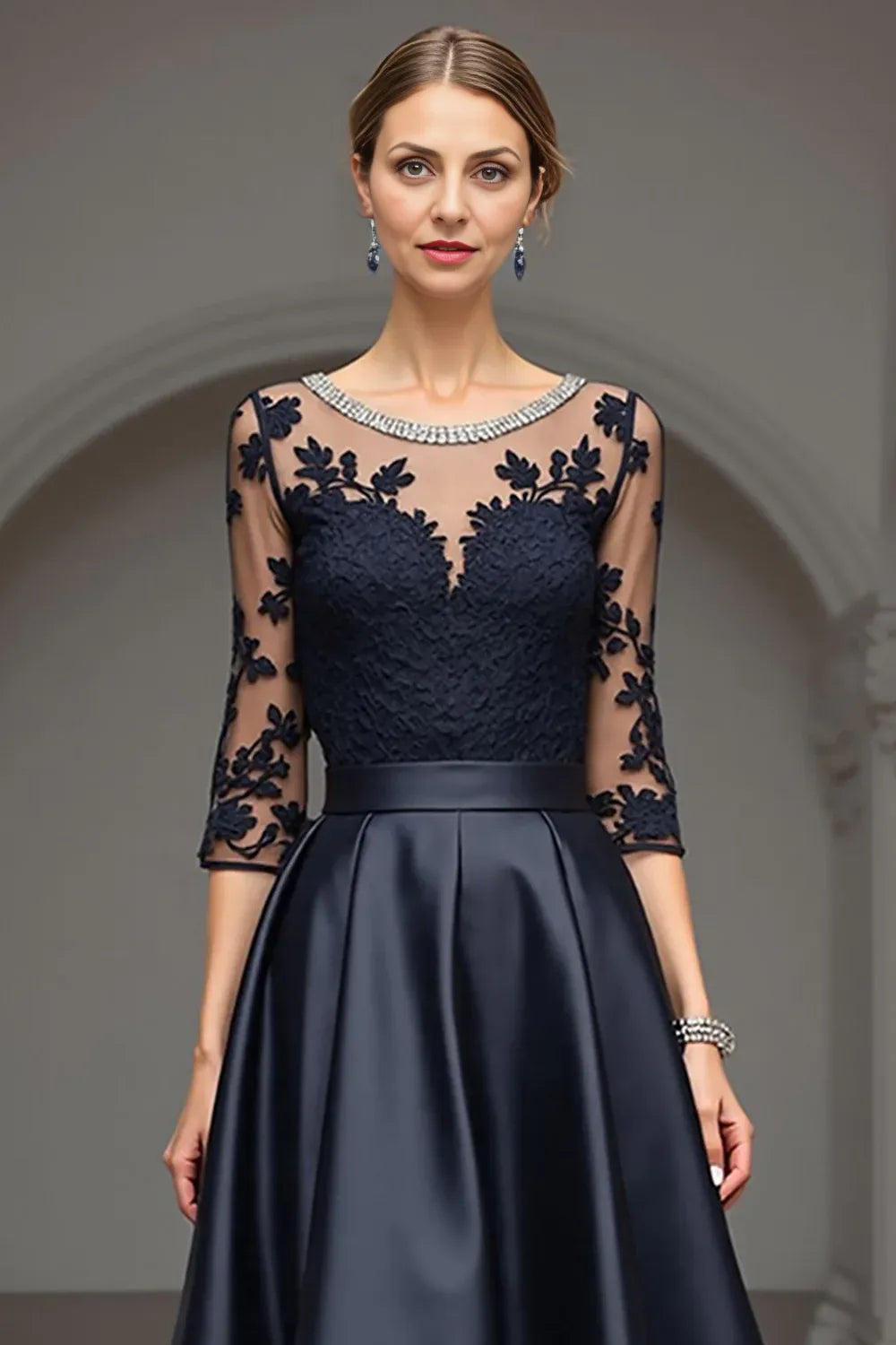 Elegant Navy Blue Satin Scoop Neck Long Sleeve Floor-Length Mother of the Bride Dress