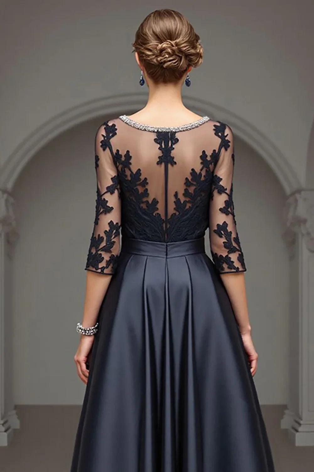 Elegant Navy Blue Satin Scoop Neck Long Sleeve Floor-Length Mother of the Bride Dress